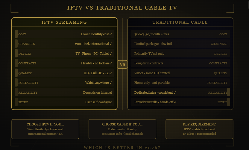 Reflexsat IPTV IPTV versus cable TV comparison chart highlighting features and benefits.
