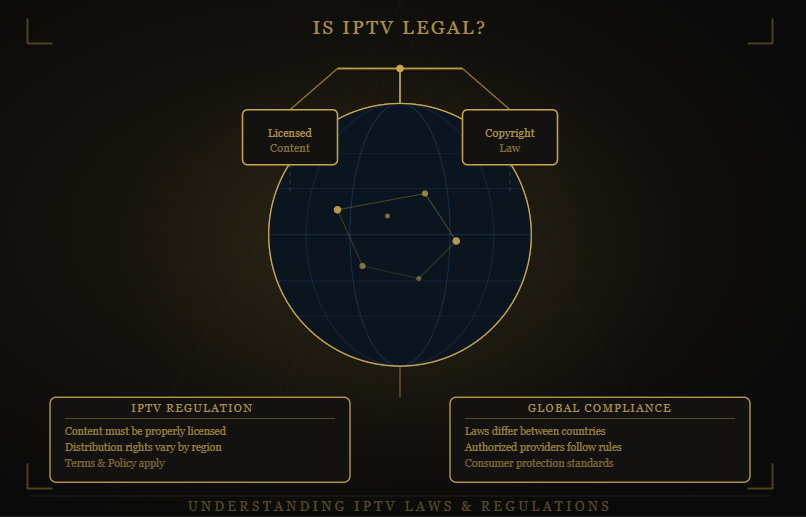Reflexsat IPTV IPTV legality infographic explaining licensed content, copyright laws, streaming regulations, legal IPTV services, and consumer compliance requirements.