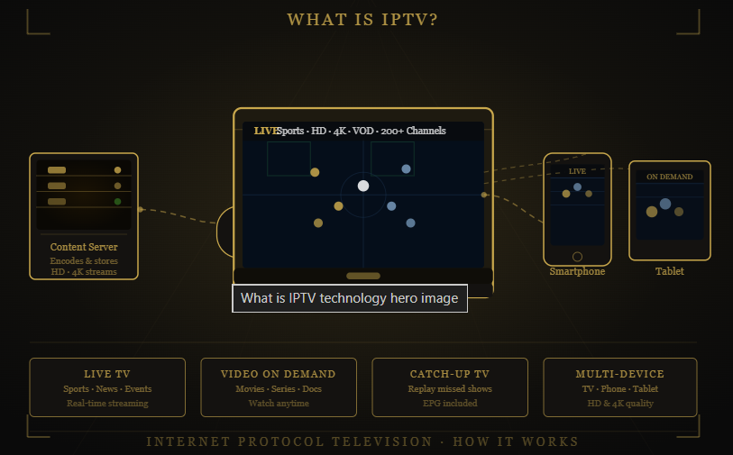 What is Reflexsat IPTV IPTV infographic showing live TV, VOD, catch-up TV, multi-device streaming, and the key features of internet-based television services.